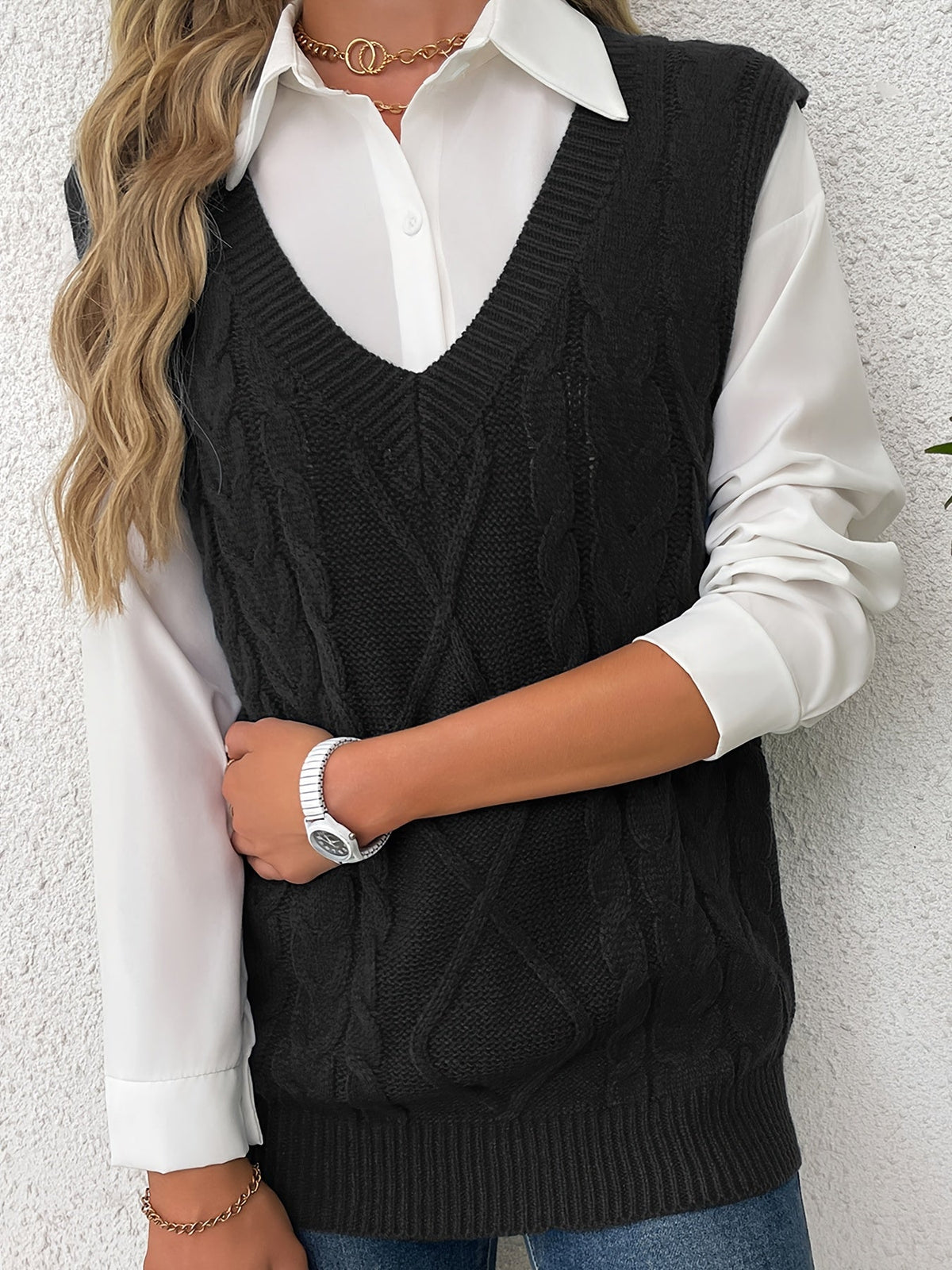 Women's Cable-Knit V-Neck Sweater Vest in a Relaxed Fit