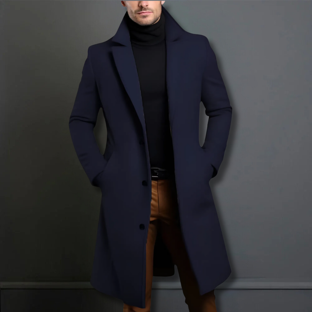 Men's Structured-Lapel Trench Coat with Three-Button Front - Dark Blue