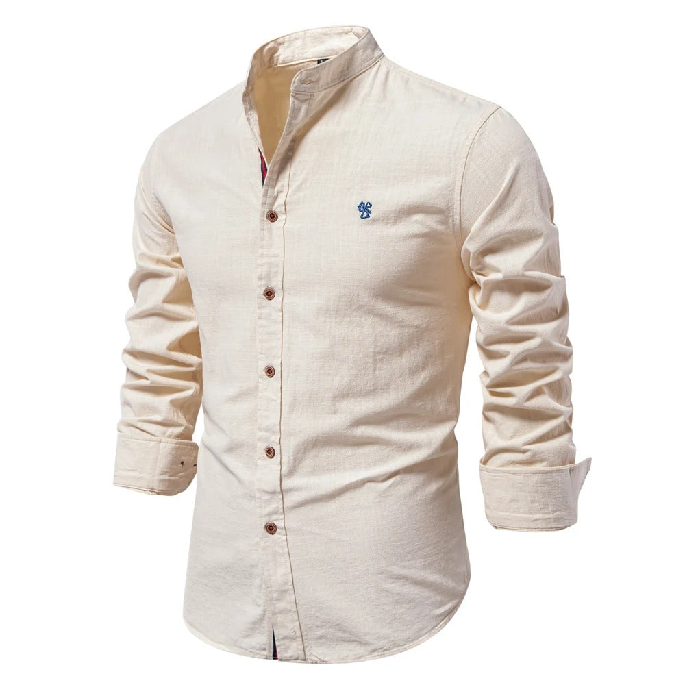 Men's Loose-Cut Airy Cotton Shirt with Stand Collar - Beige