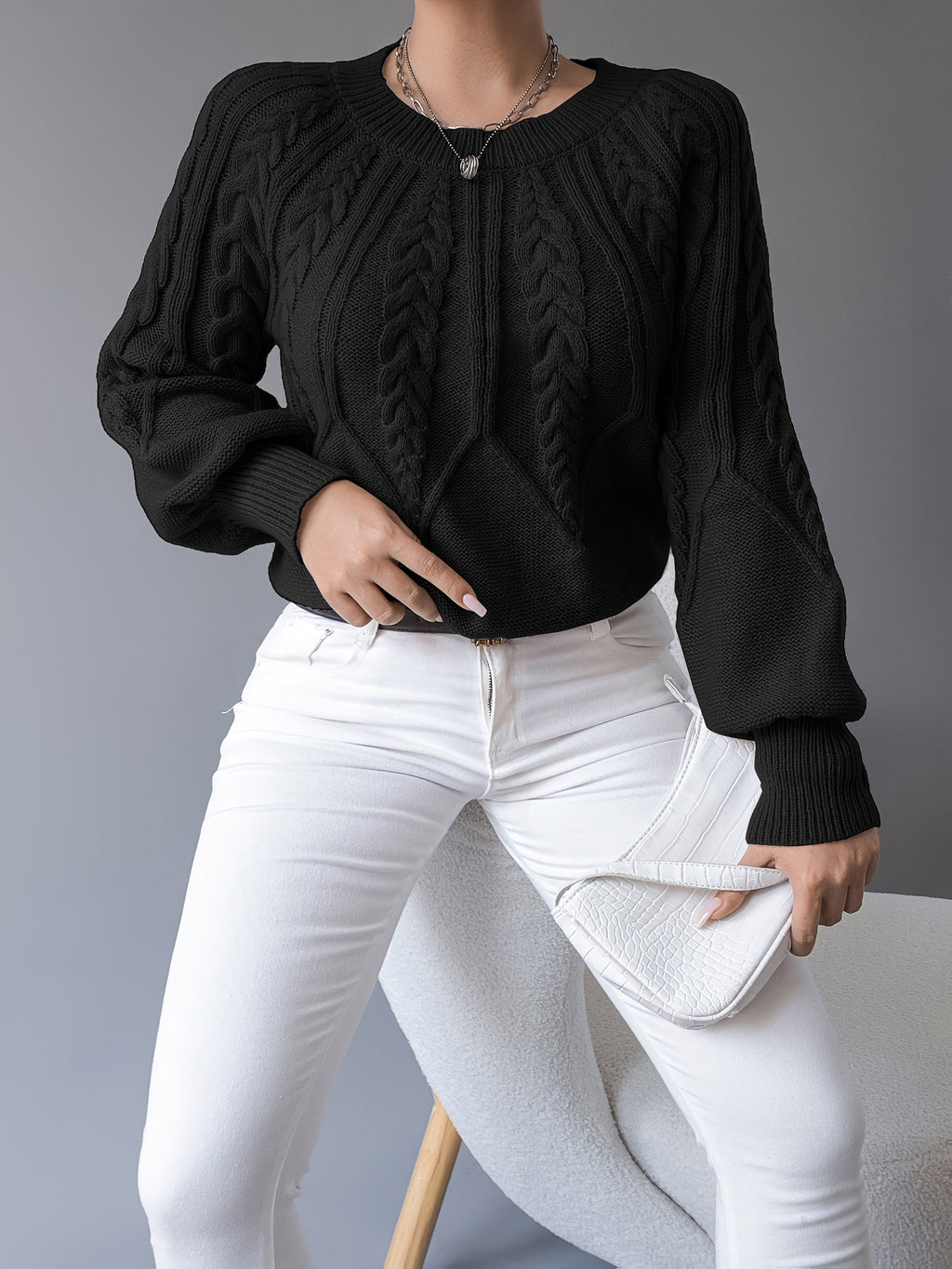 Women's Classic Cable Crew Neck Sweater with Lantern Sleeves