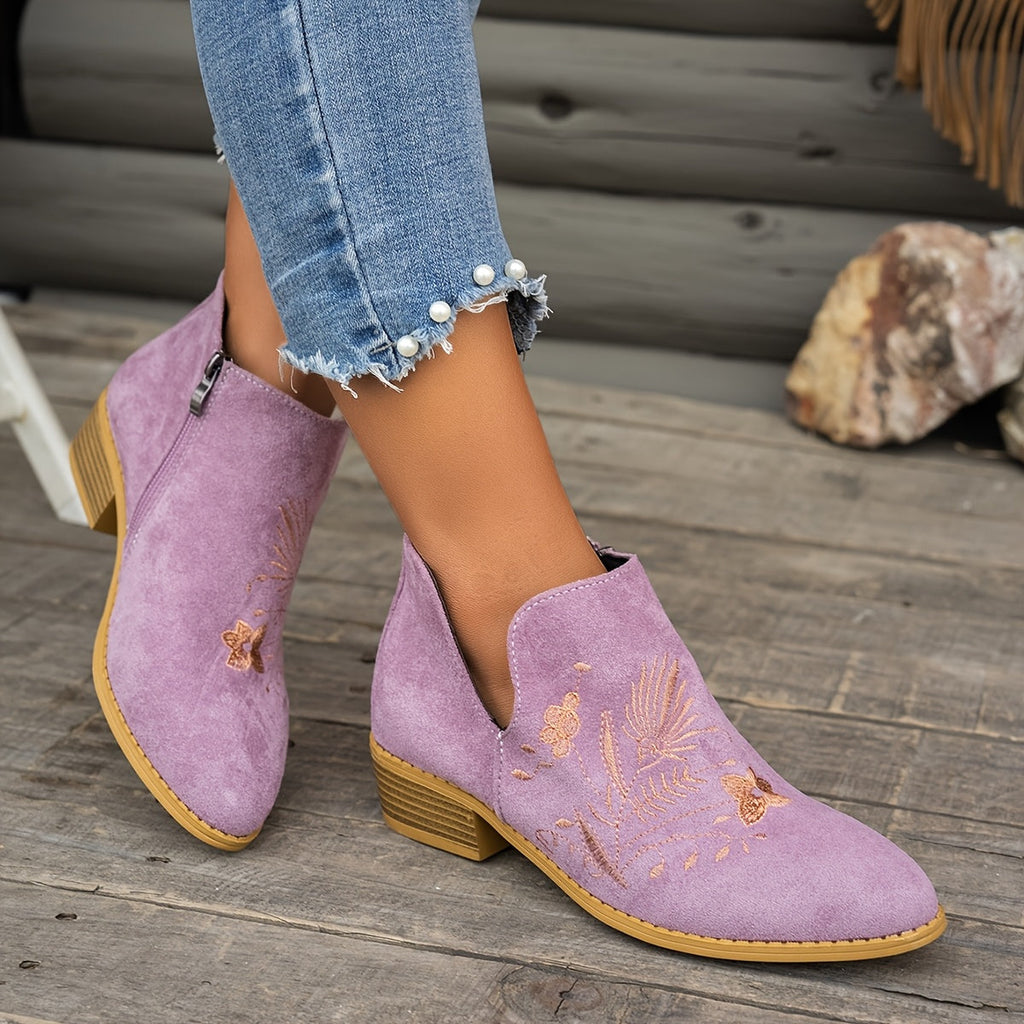 Women's Pointed Low Heel Booties with Delicate Embroidery