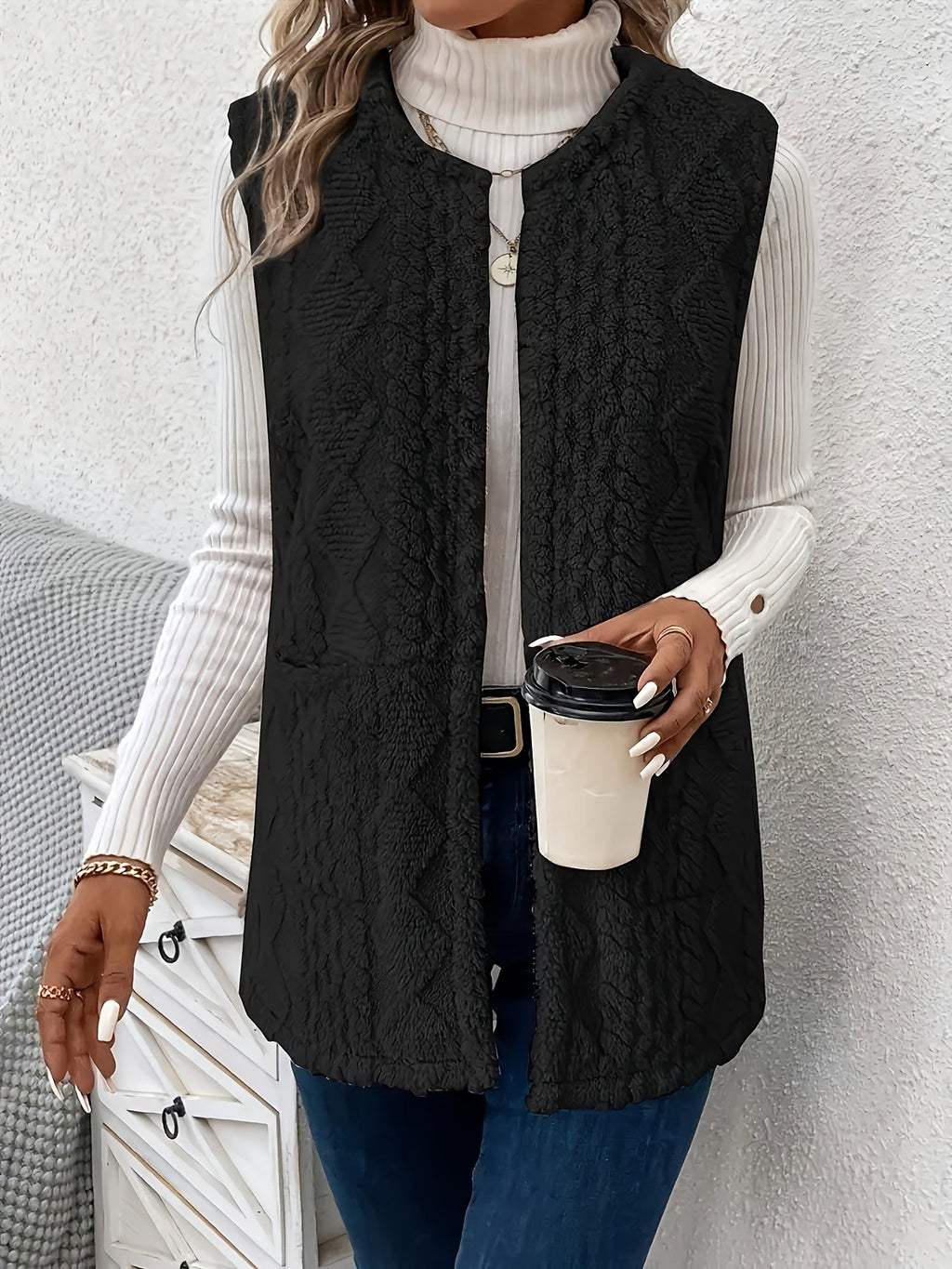 Women's Open Plush Layering Vest with Two Front Pockets