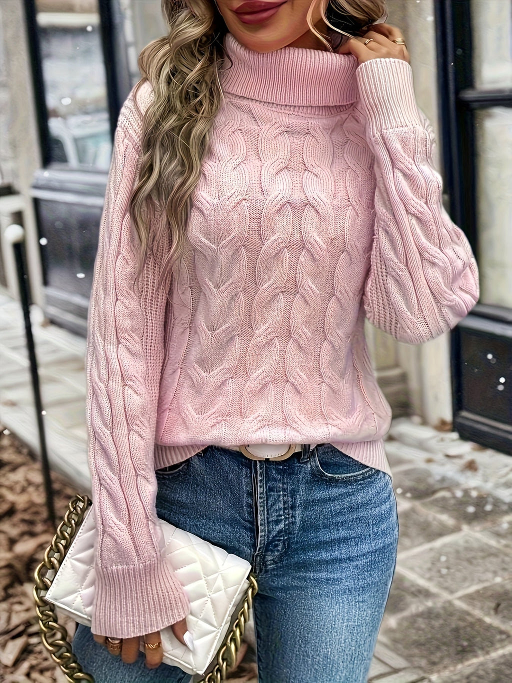 Women's Twisted Cable Turtleneck Sweater in a Lightly Shaped Fit