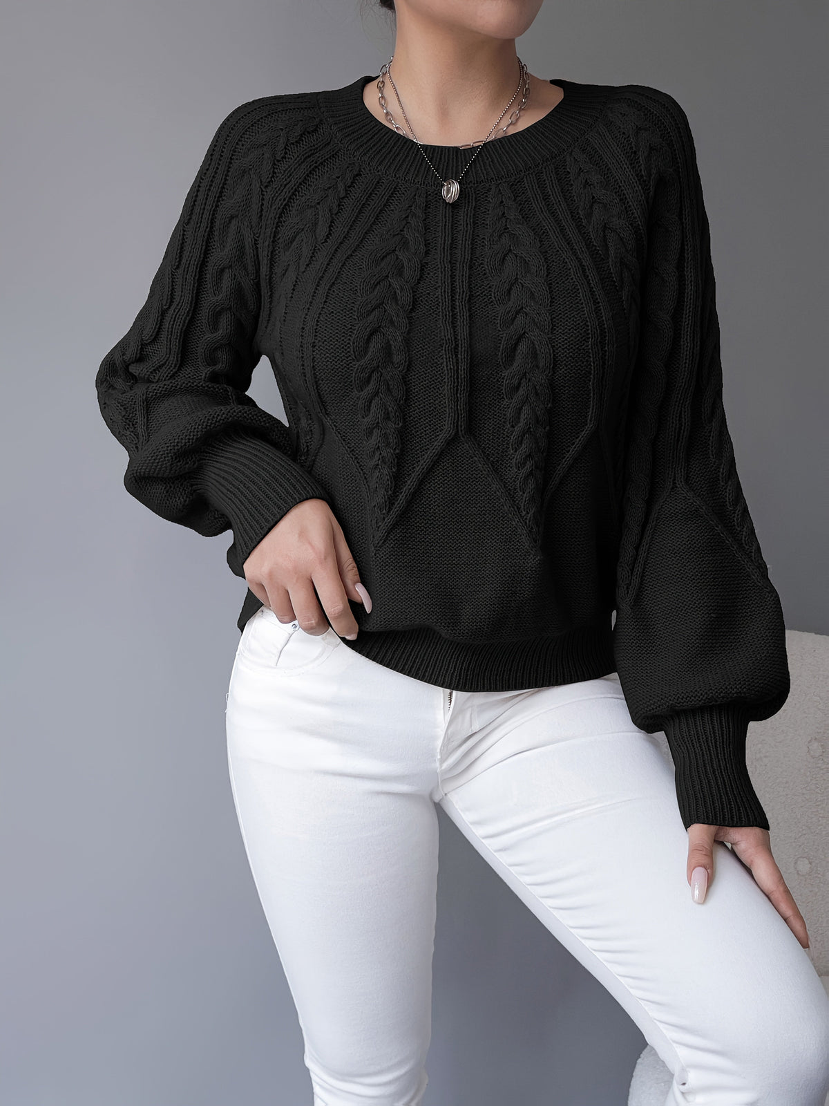 Women's Classic Cable Crew Neck Sweater with Lantern Sleeves