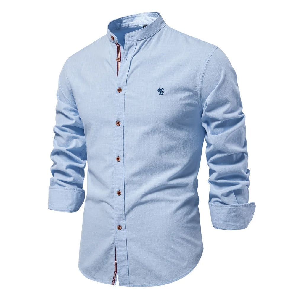 Men's Loose-Cut Airy Cotton Shirt with Stand Collar - Blue