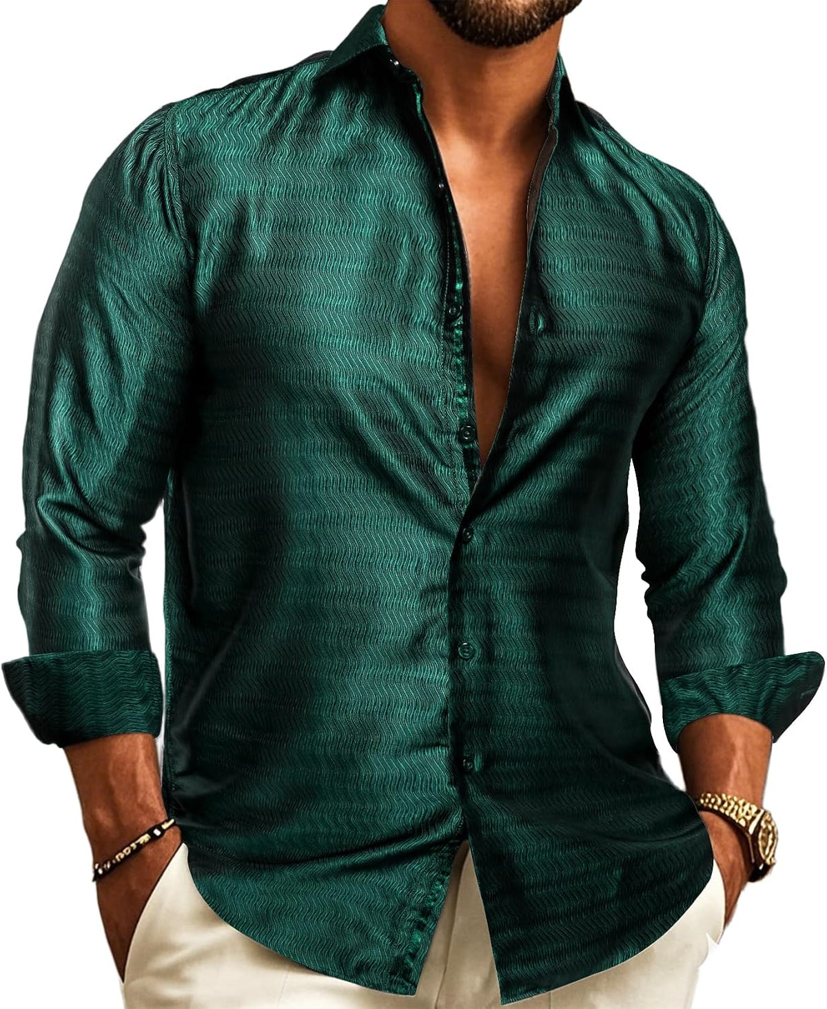 Men's Long-Sleeve Paisley Jacquard Shirt for Formal Events - Dark Green