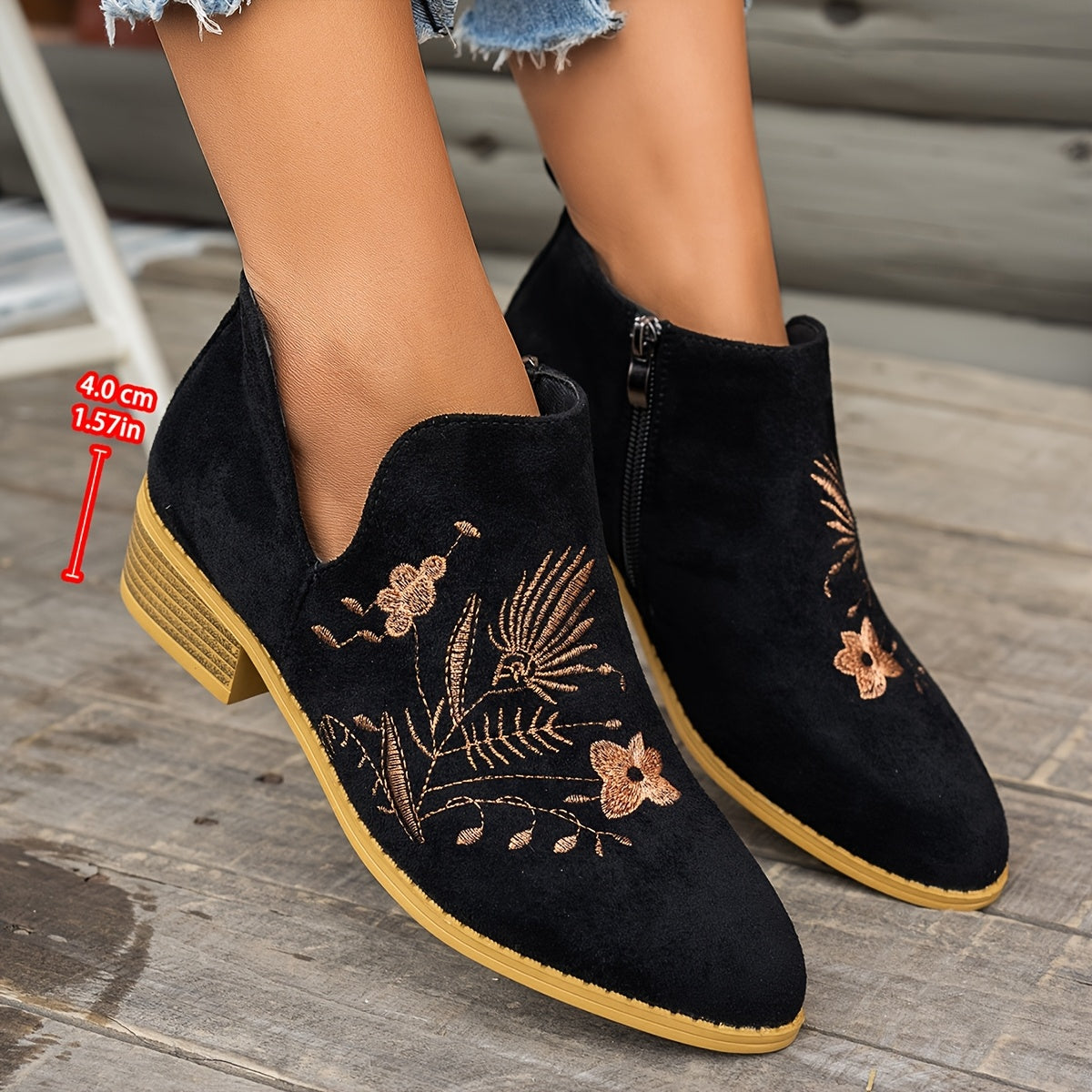 Women's Pointed Low Heel Booties with Delicate Embroidery