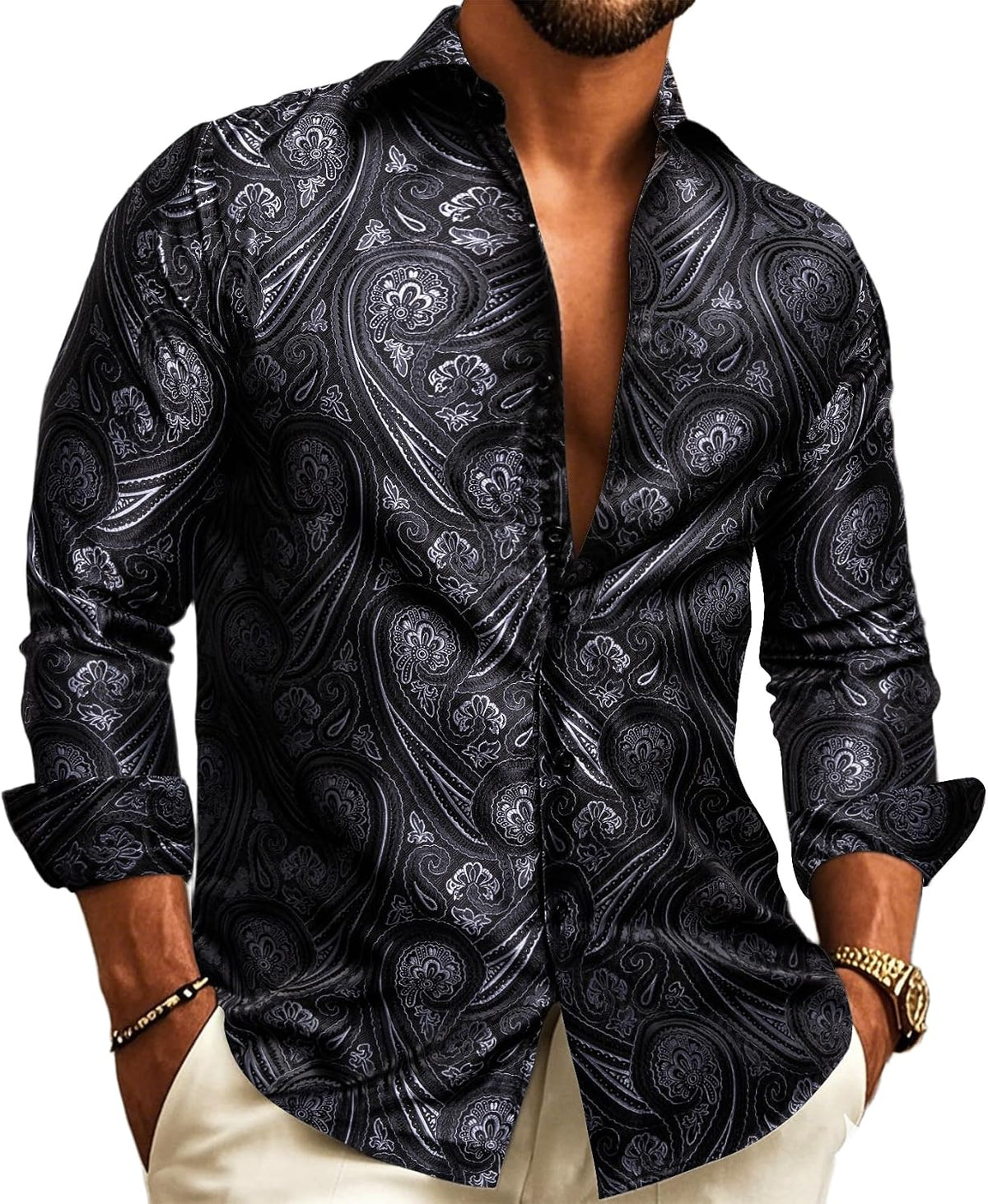 Men's Long-Sleeve Paisley Jacquard Shirt for Formal Events - Black Gray