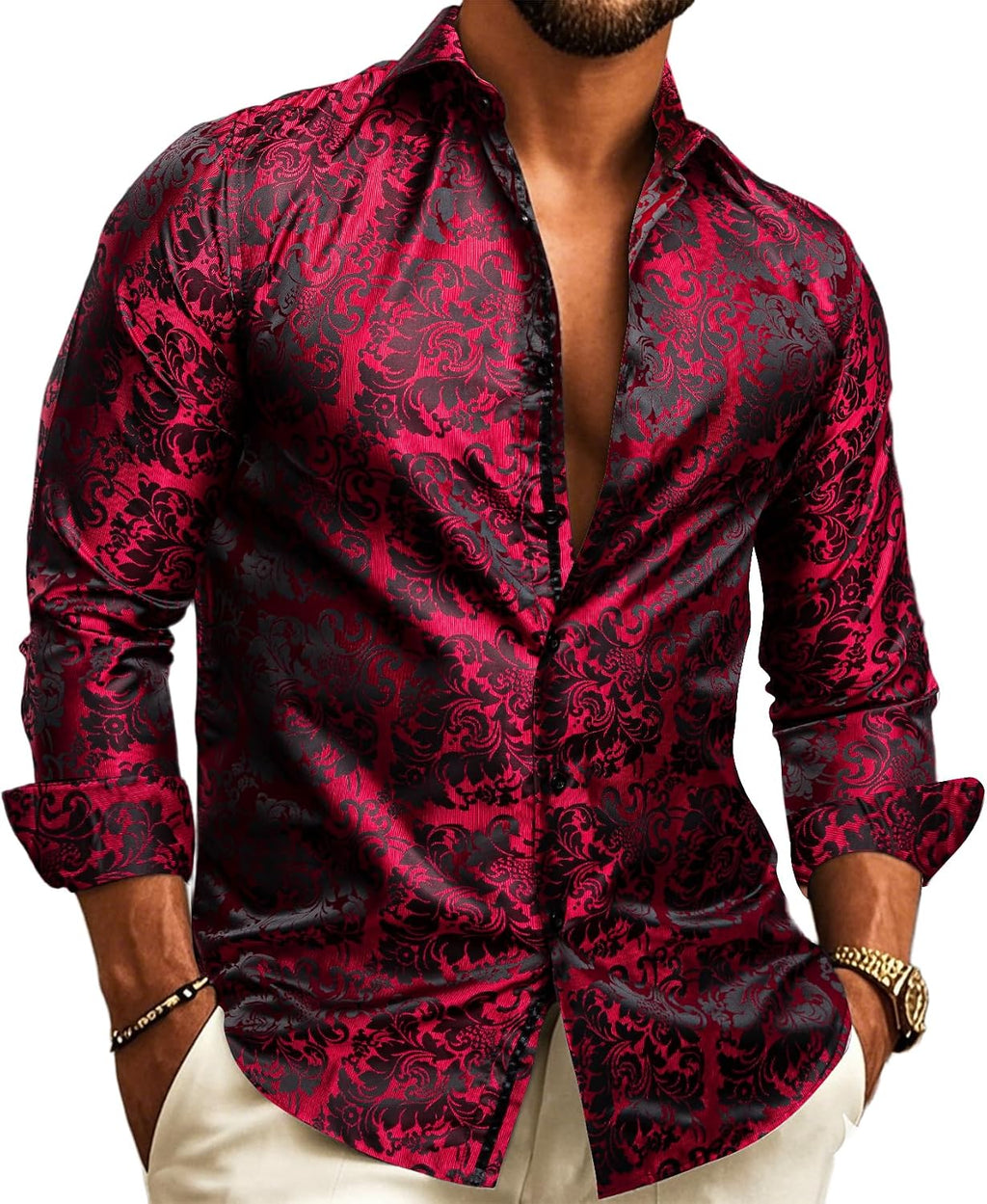 Men's Long-Sleeve Paisley Jacquard Shirt for Formal Events