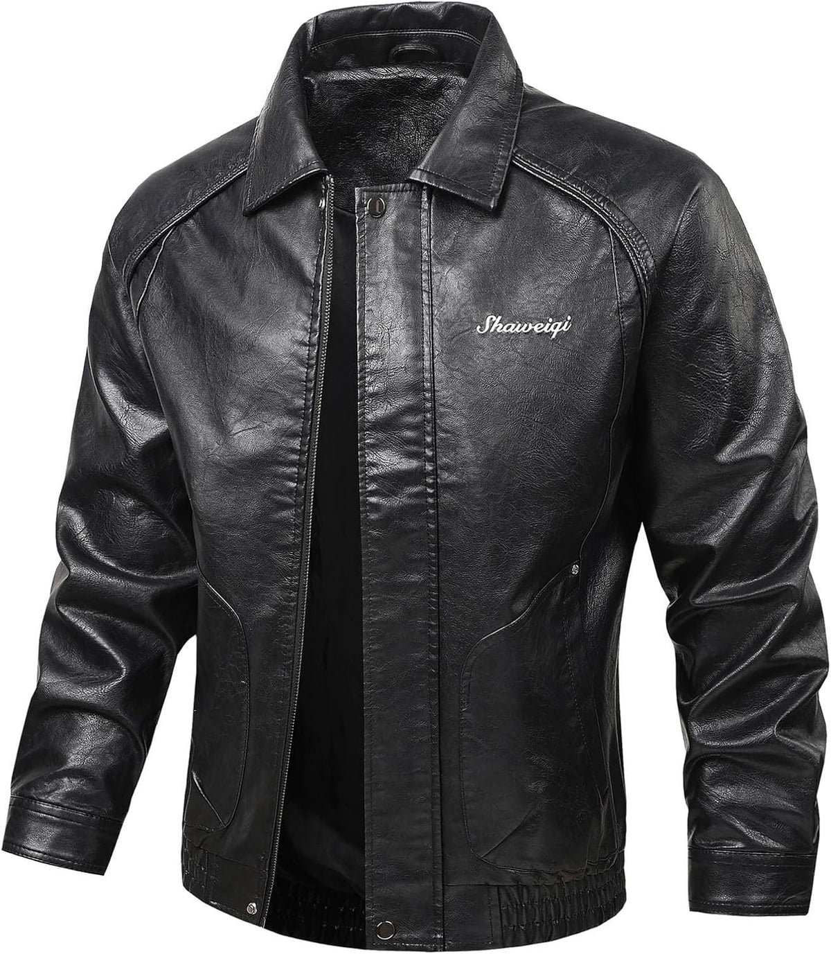 Men's Leather-Look Collared Zip Jacket with Short Slim Cut