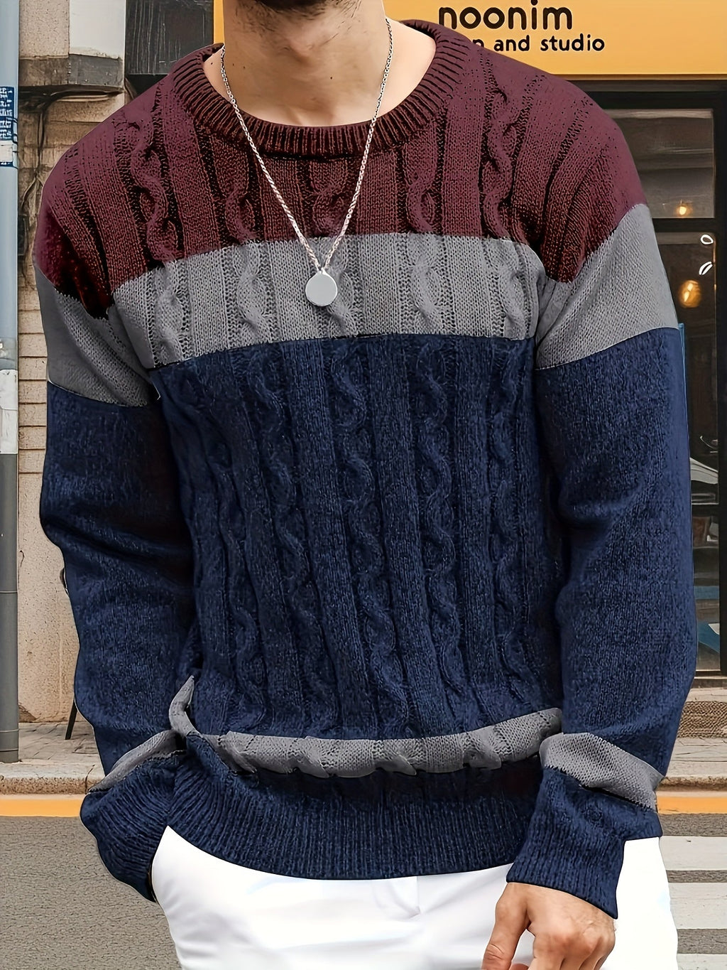Men's Contrast-Block Cable-Knit Pullover Sweater