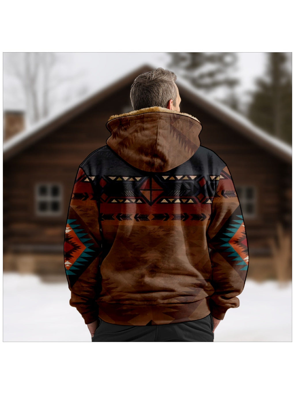 Men's Relaxed Plush-Lined Western Print Zip-Up with Hood