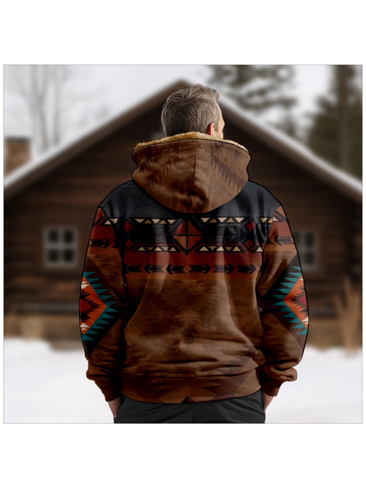 Men's Relaxed Plush-Lined Western Print Zip-Up with Hood