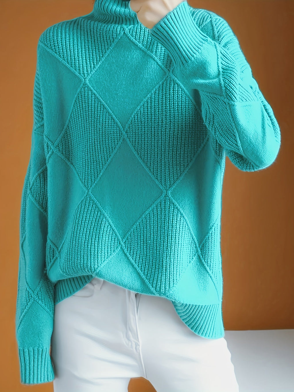 Women's Plus-Size Diamond Knit Turtleneck Sweater in a Relaxed Fit