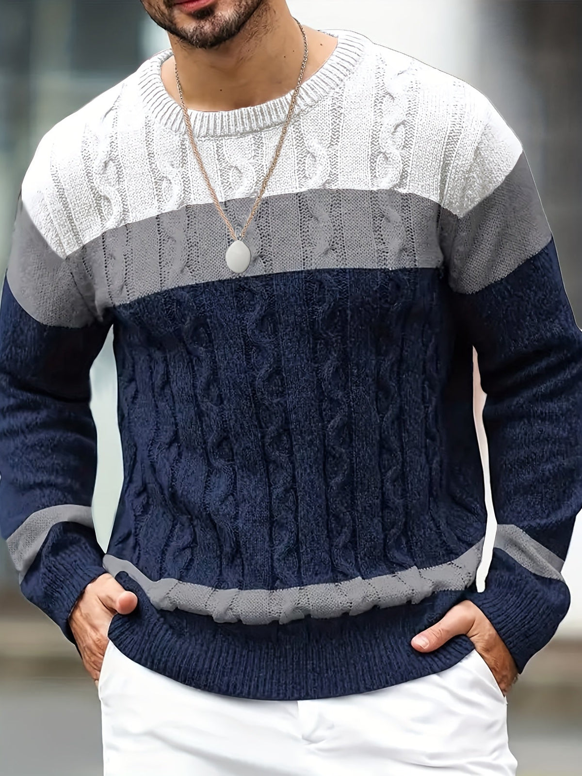 Men's Contrast-Block Cable-Knit Pullover Sweater