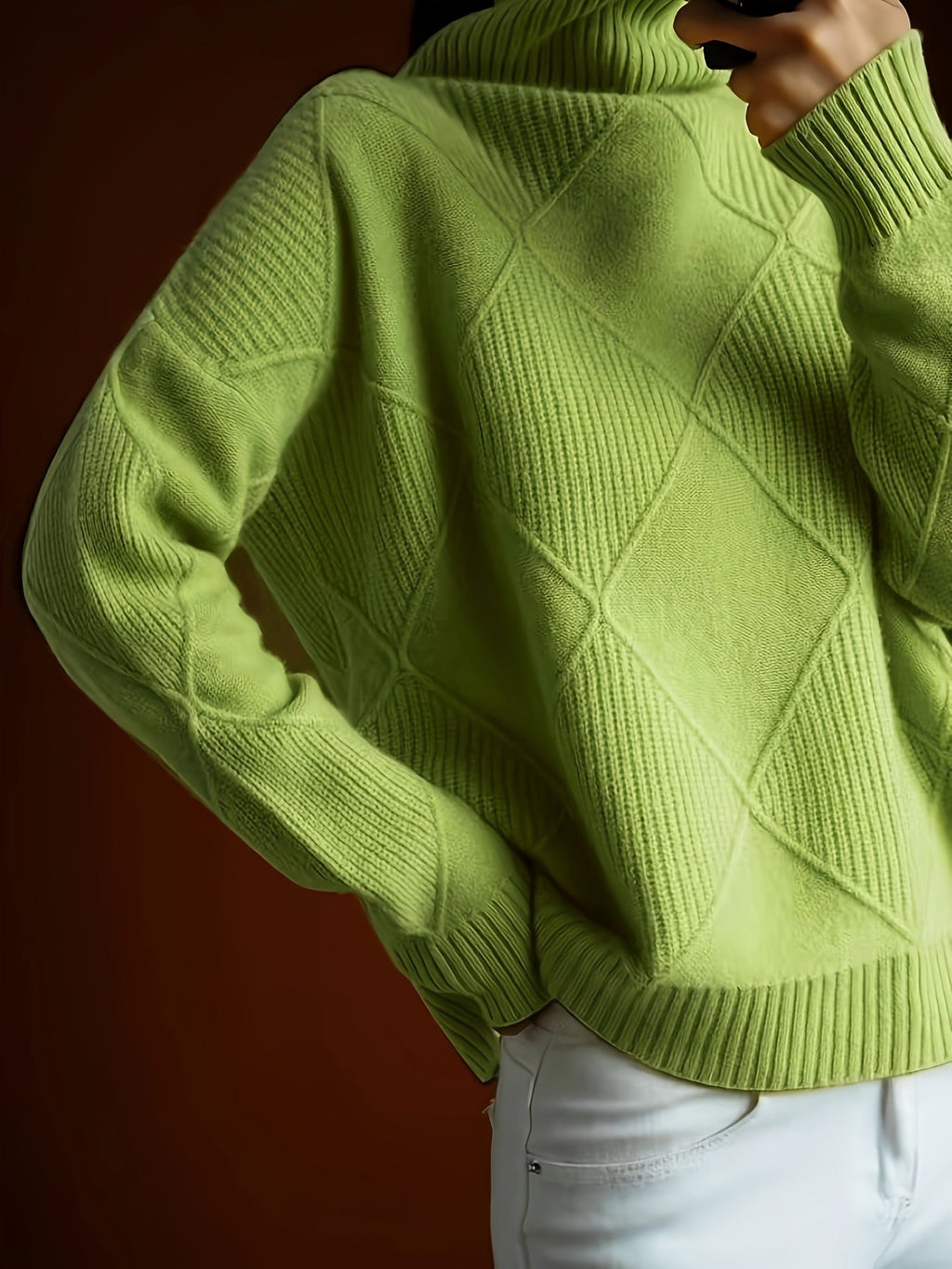 Women's Plus-Size Diamond Knit Turtleneck Sweater in a Relaxed Fit