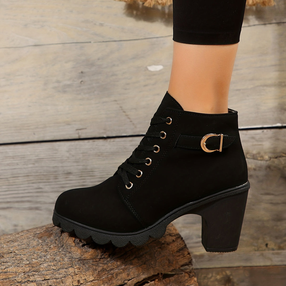 Women's Laced Winter Booties with Buckle Detail and Block Heel