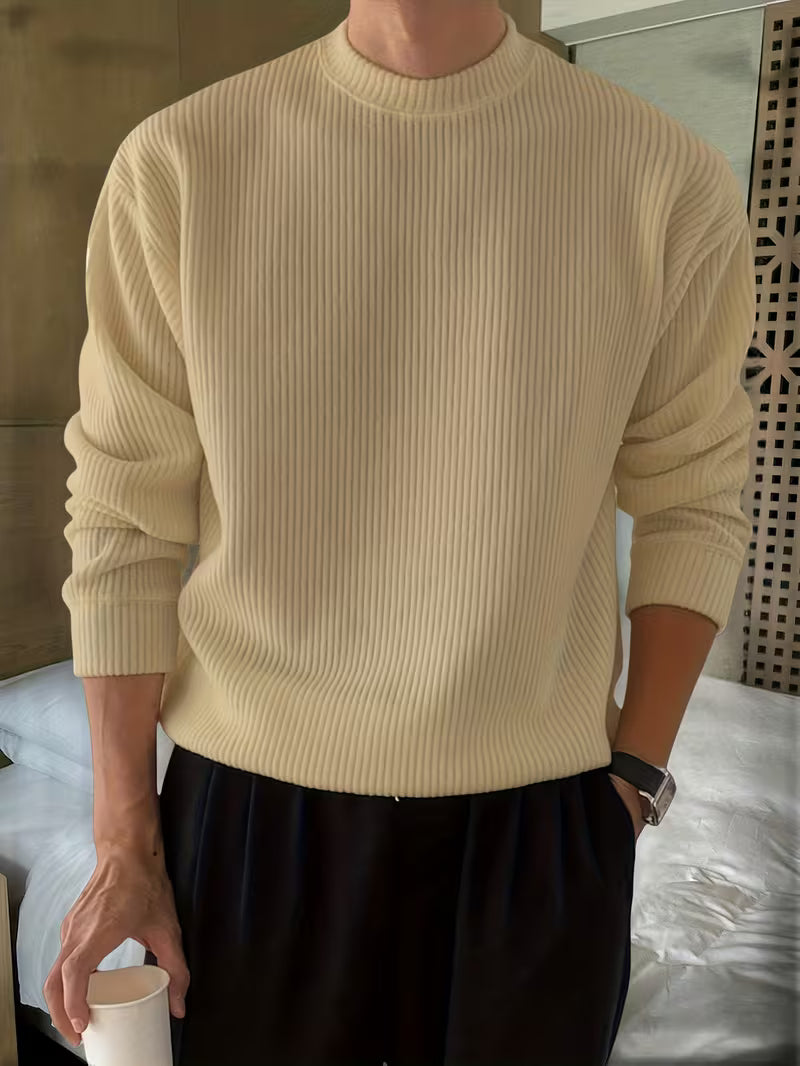Men's Stretch Rib-Knit Long-Sleeve Sweater for Easy Layering - Khaki
