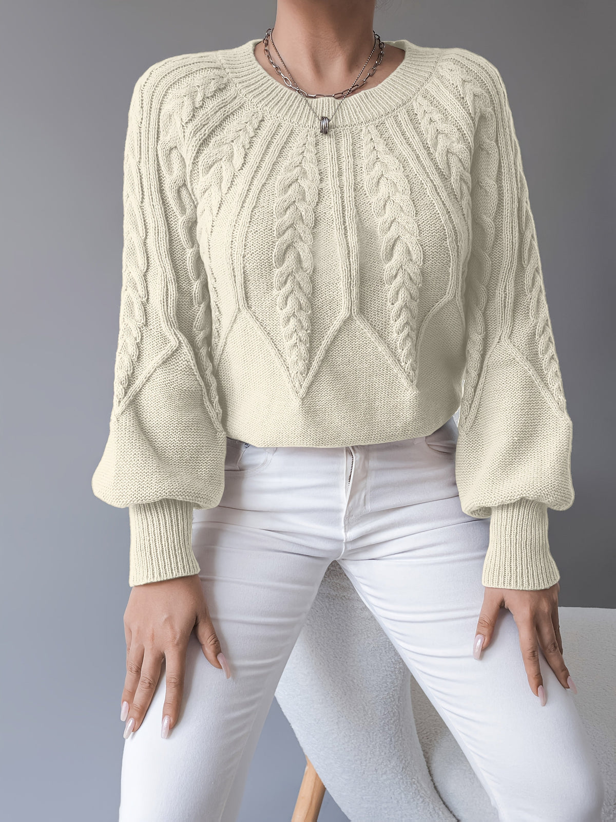 Women's Classic Cable Crew Neck Sweater with Lantern Sleeves