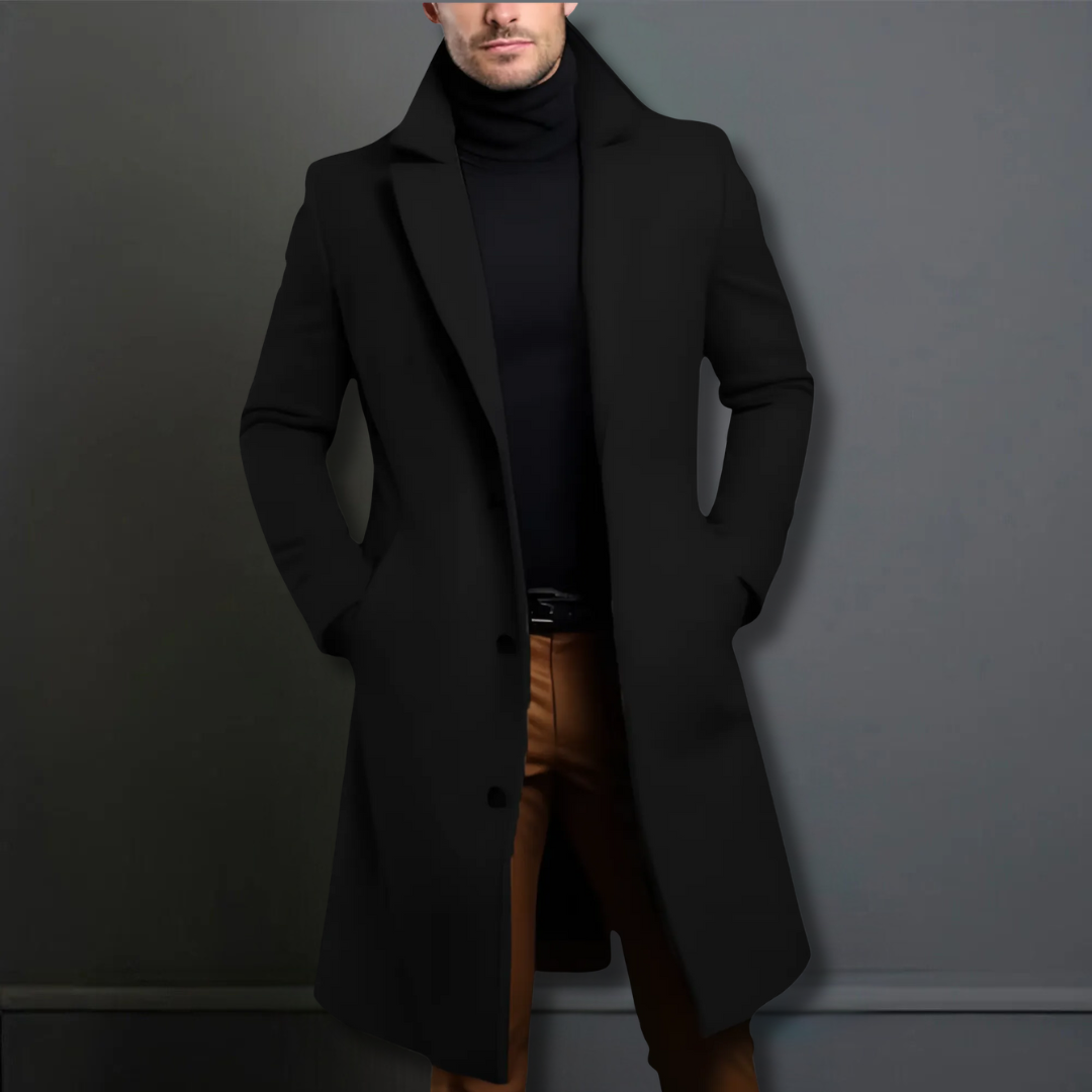 Men's Structured-Lapel Trench Coat with Three-Button Front - Black