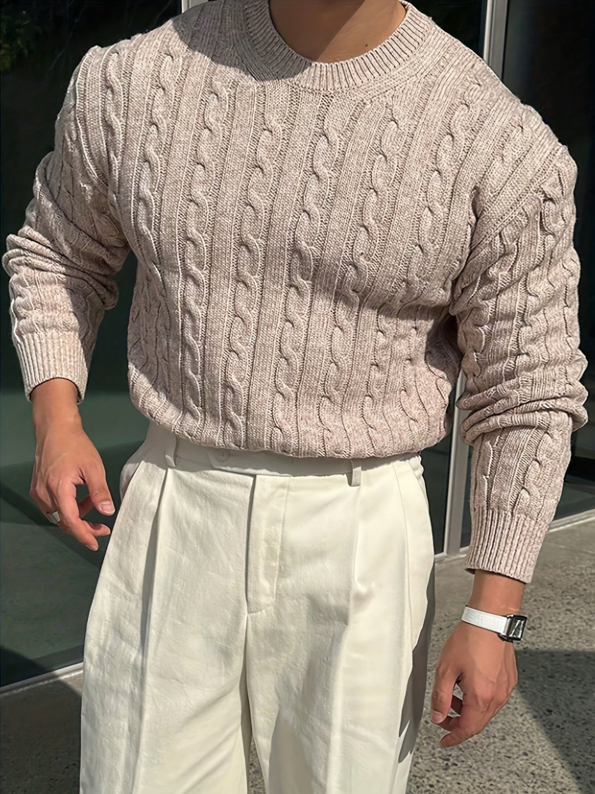Men's Relaxed Textured Cable Sweater for Work and Weekends