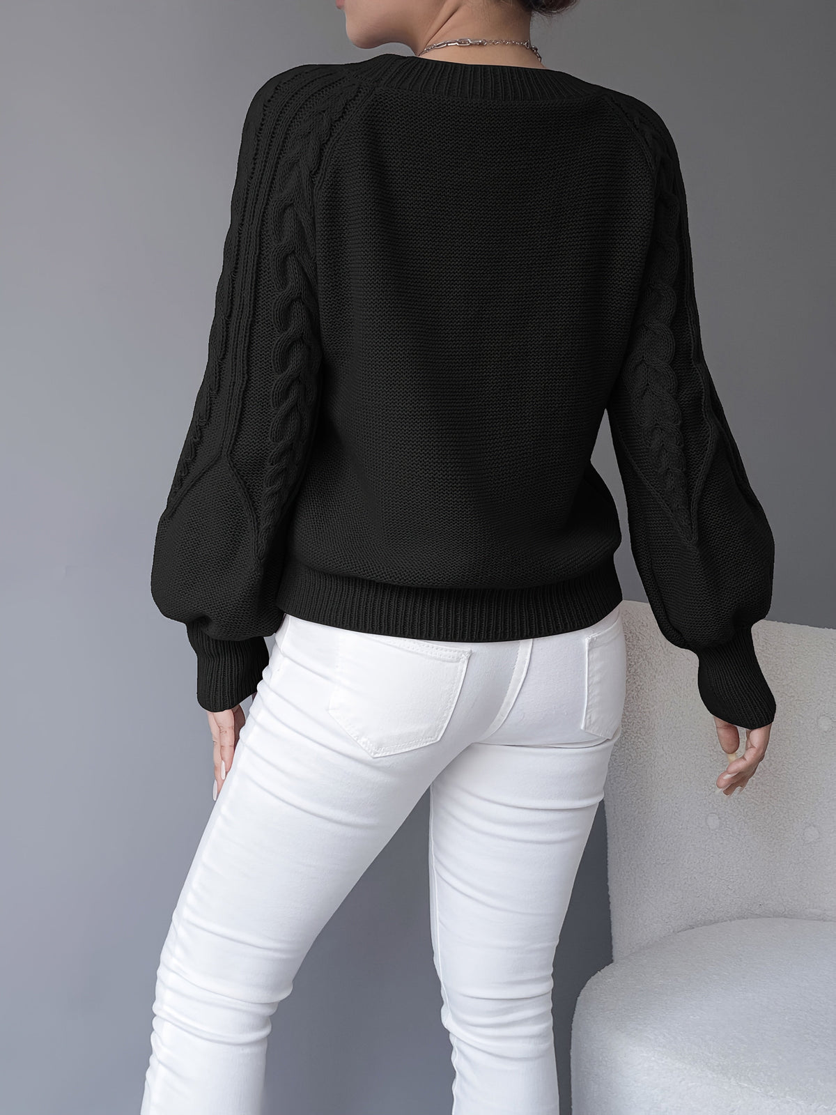 Women's Classic Cable Crew Neck Sweater with Lantern Sleeves