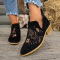Women's Pointed Low Heel Booties with Delicate Embroidery - Black