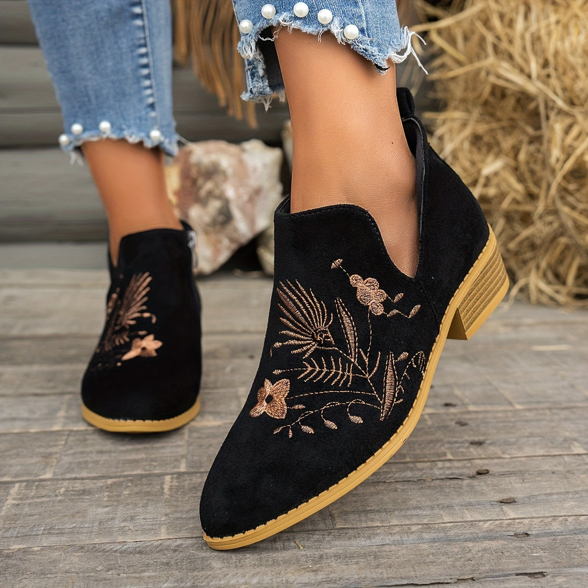 Women's Pointed Low Heel Booties with Delicate Embroidery - Black