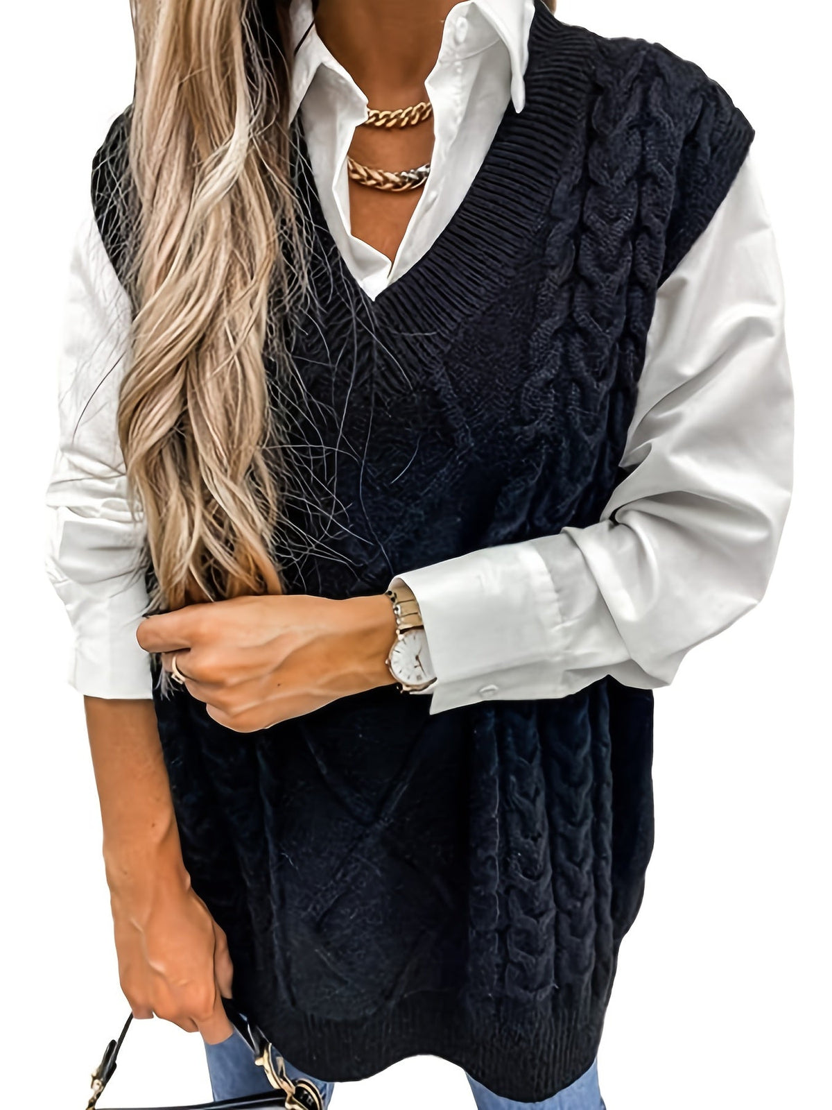 Women's Cable-Knit V-Neck Sweater Vest in a Relaxed Fit