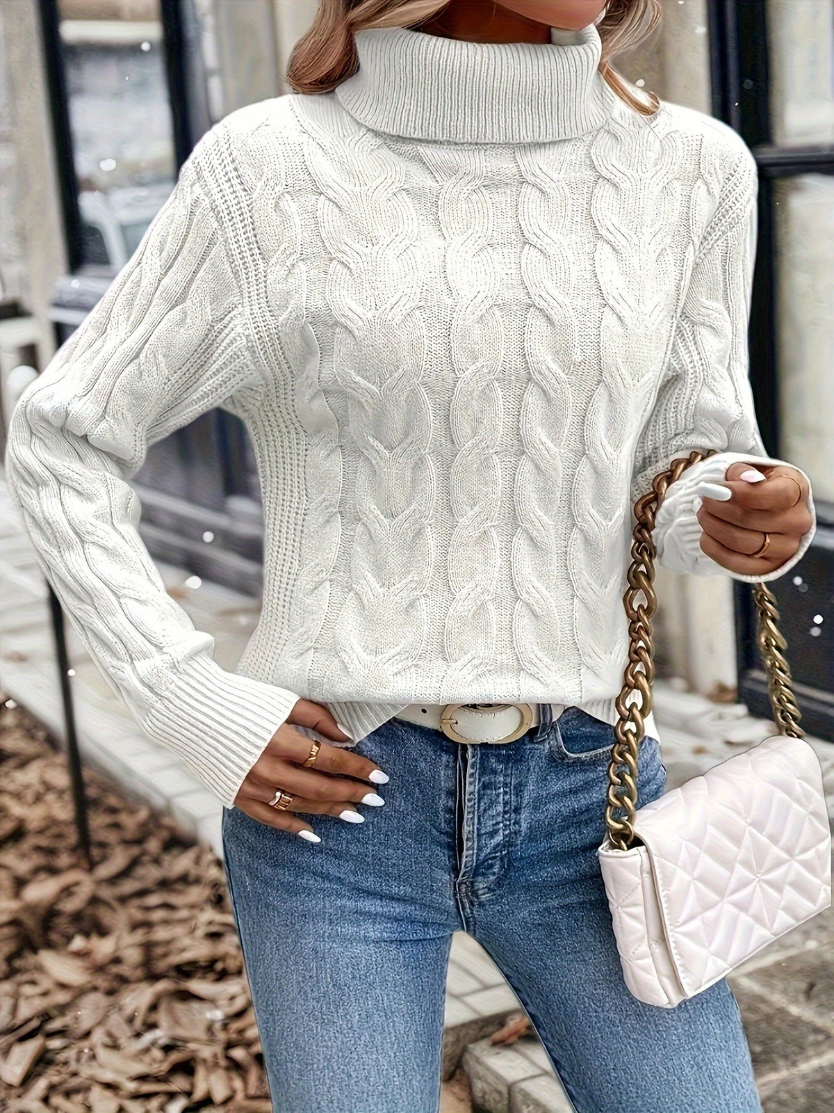 Women's Twisted Cable Turtleneck Sweater in a Lightly Shaped Fit