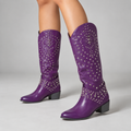 Women's Studded Western Knee-High Boots with Pointed Toe - Purple