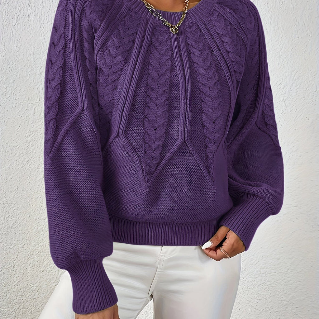 Women's Relaxed Cable-Knit Sweater with Raglan Sleeves and Ribbed Hem