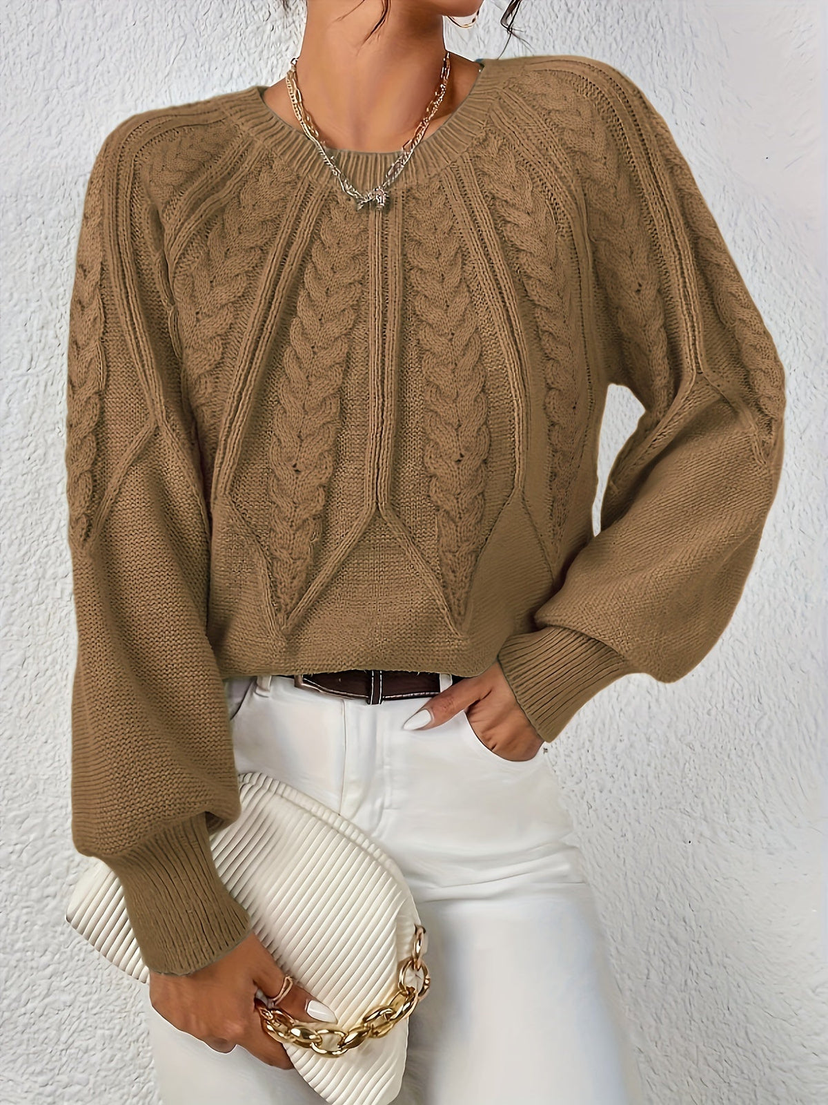 Women's Relaxed Cable-Knit Sweater with Raglan Sleeves and Ribbed Hem