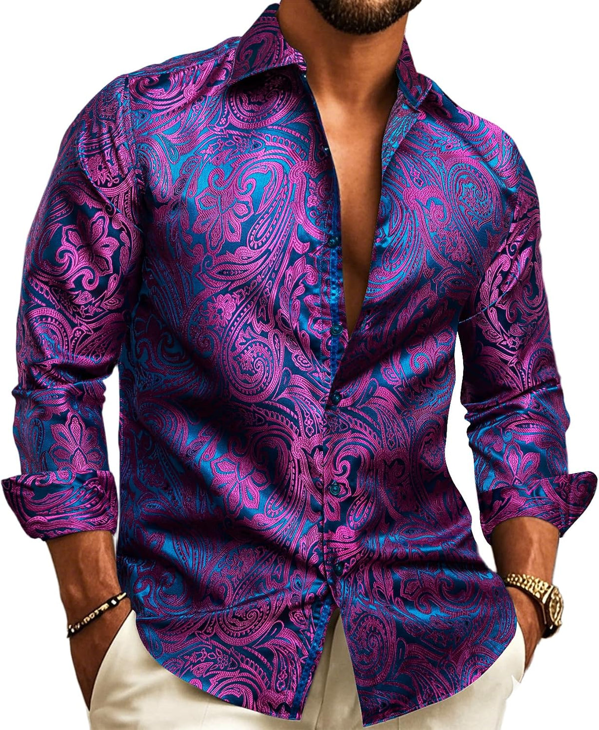 Men's Long-Sleeve Paisley Jacquard Shirt for Formal Events - Purple Blue