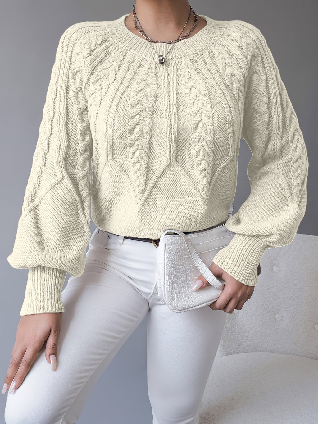 Women's Classic Cable Crew Neck Sweater with Lantern Sleeves
