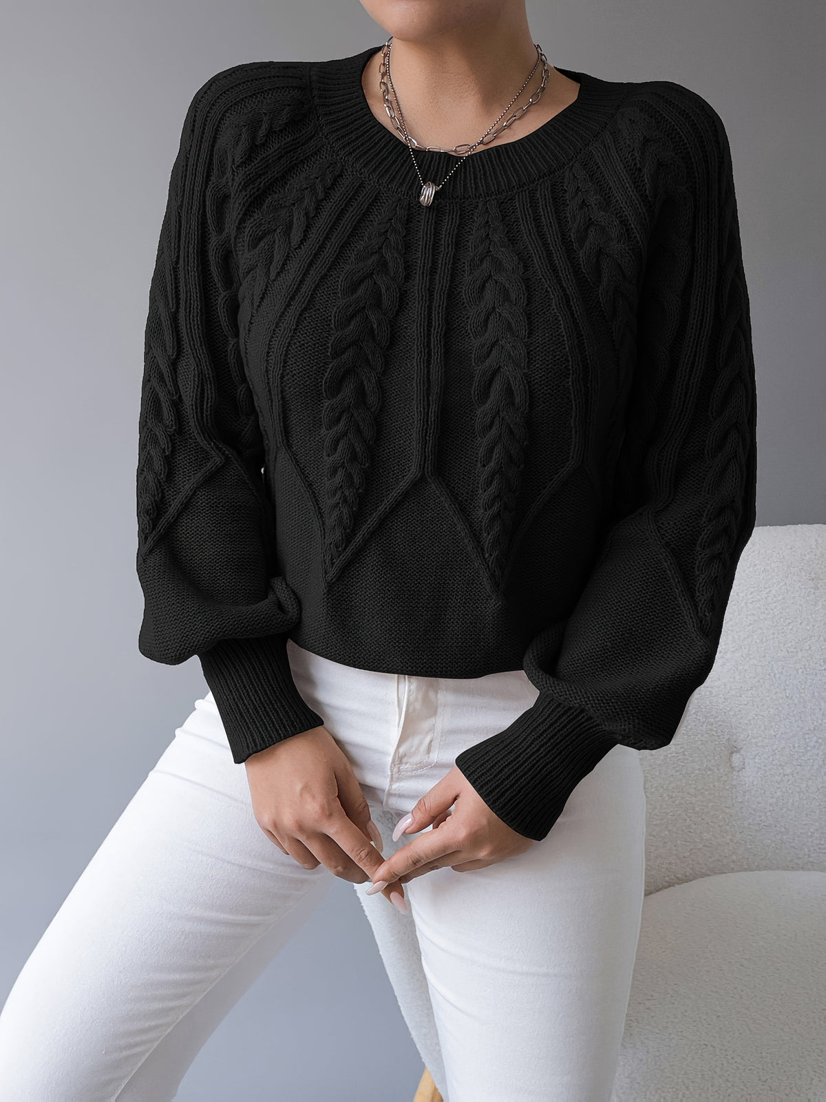 Women's Classic Cable Crew Neck Sweater with Lantern Sleeves