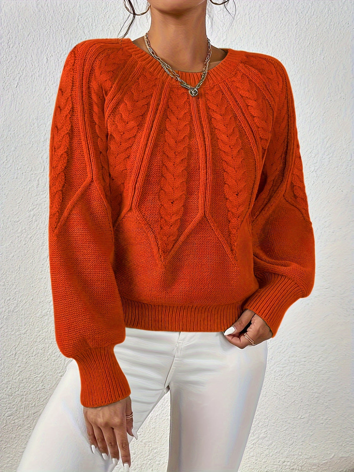 Women's Relaxed Cable-Knit Sweater with Raglan Sleeves and Ribbed Hem