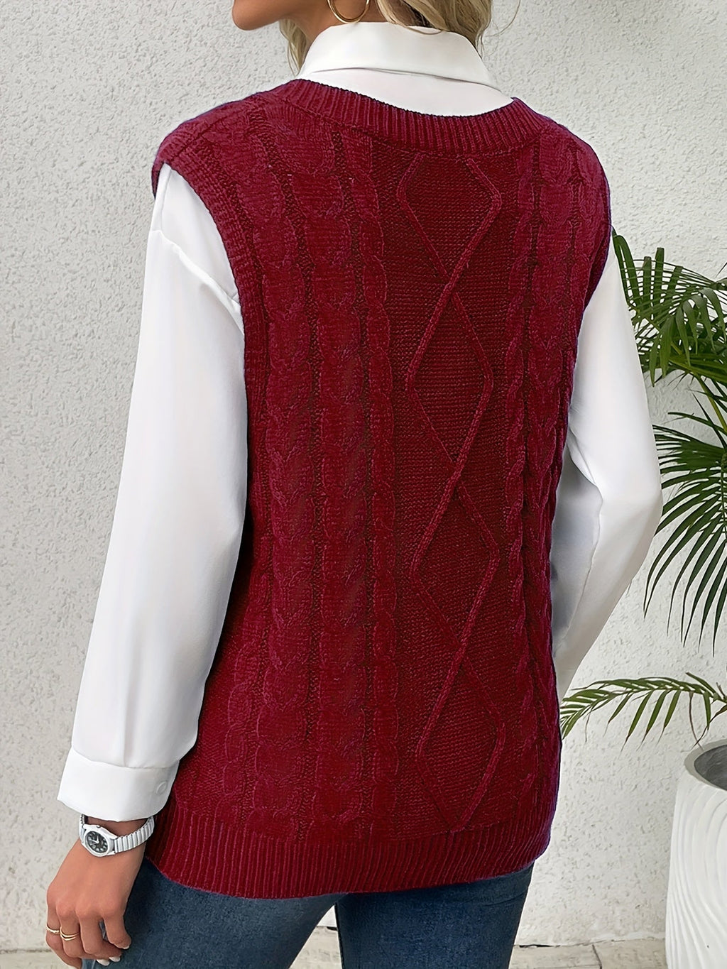 Women's Cable-Knit V-Neck Sweater Vest in a Relaxed Fit