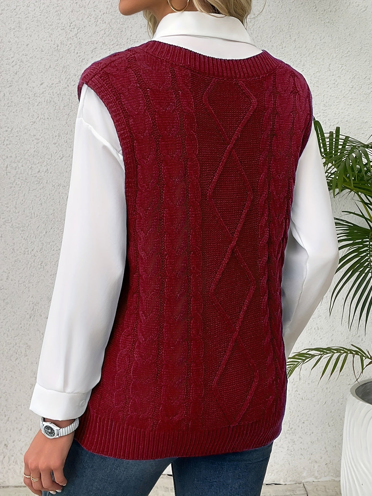 Women's Cable-Knit V-Neck Sweater Vest in a Relaxed Fit