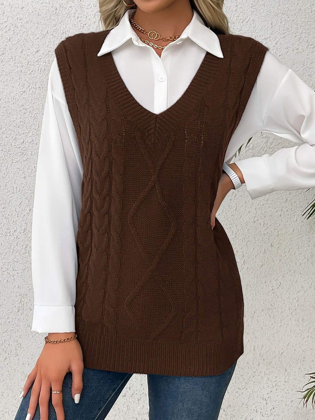Women's Cable-Knit V-Neck Sweater Vest in a Relaxed Fit