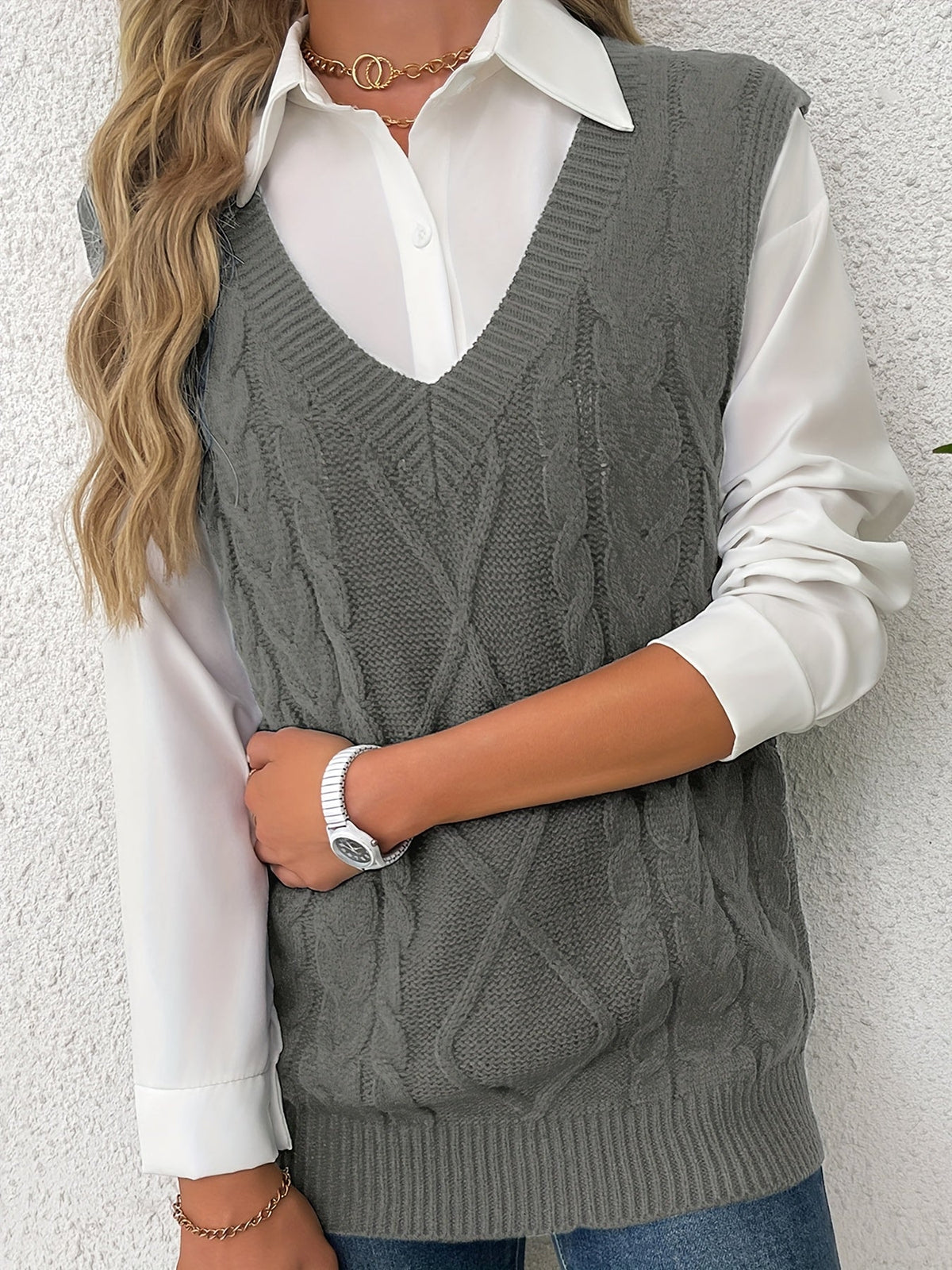 Women's Cable-Knit V-Neck Sweater Vest in a Relaxed Fit
