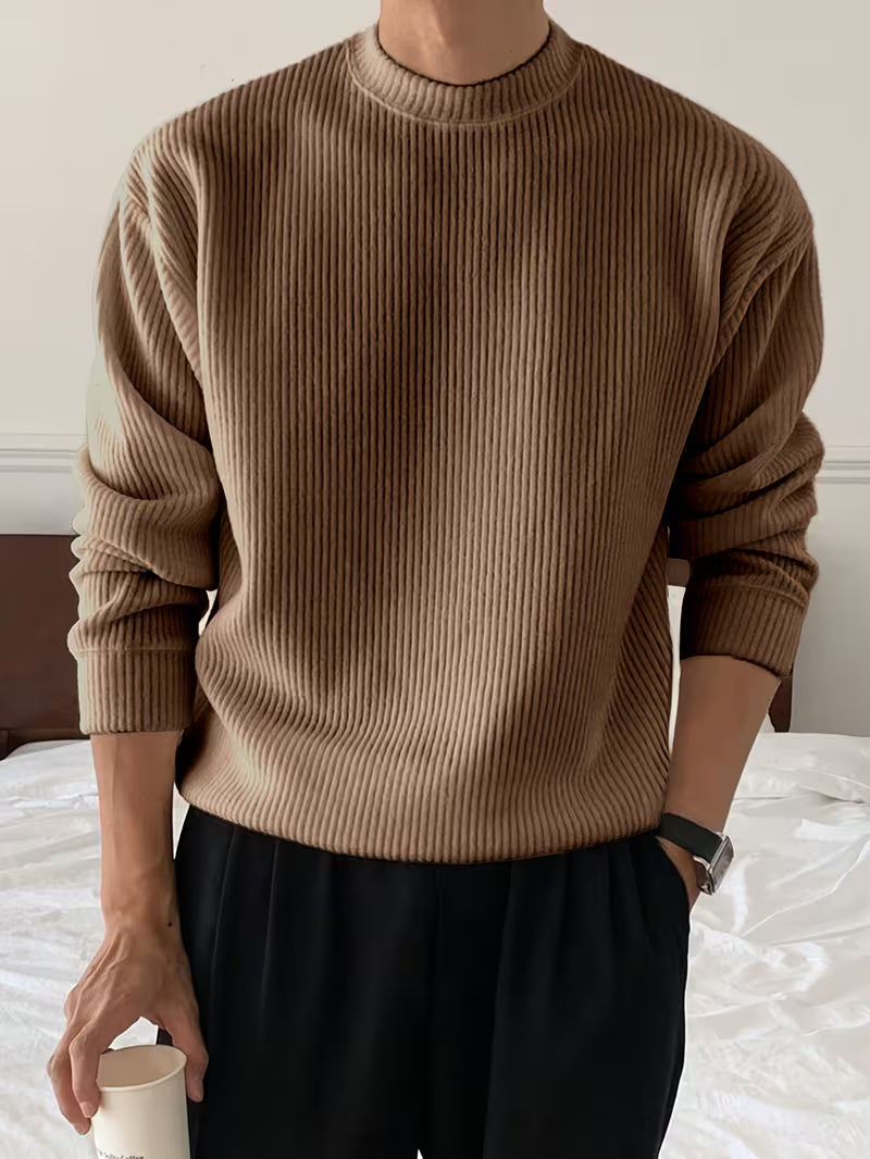 Men's Stretch Rib-Knit Long-Sleeve Sweater for Easy Layering - Brown
