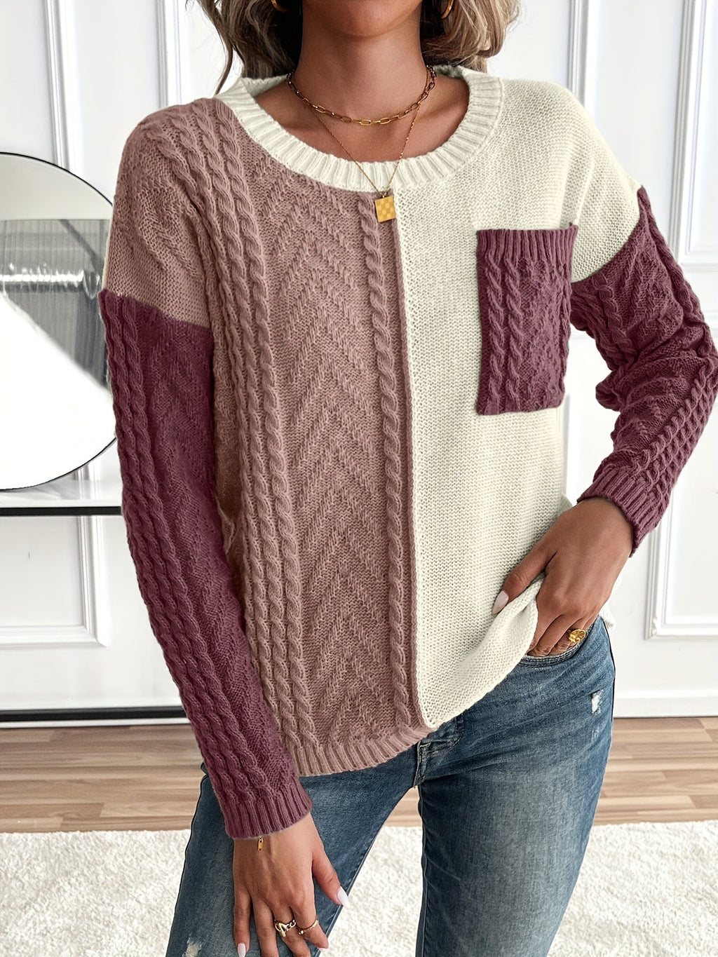 Women's Relaxed Two-Tone Cable Sweater with Front Pocket
