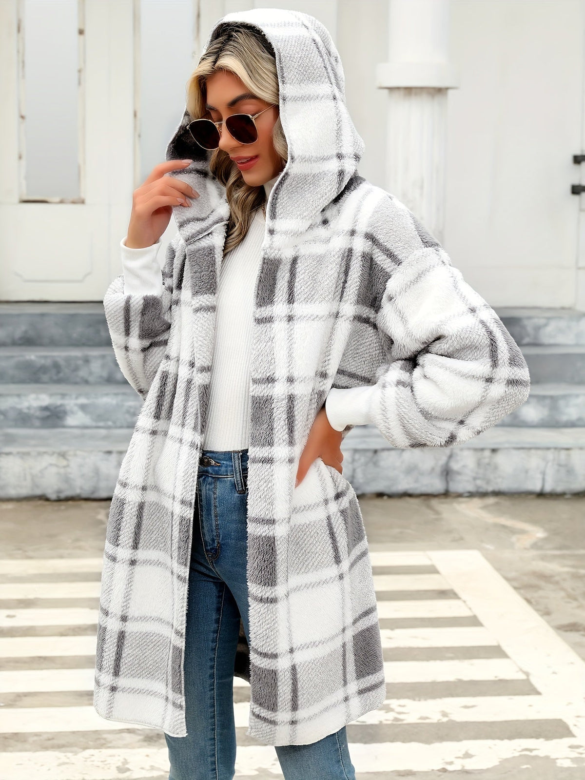 Women's Hooded Plaid Open Cardigan for Crisp Evening Walks