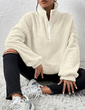 Women's Plush Fleece Half-Zip Sweater with Dropped Shoulders - Cream