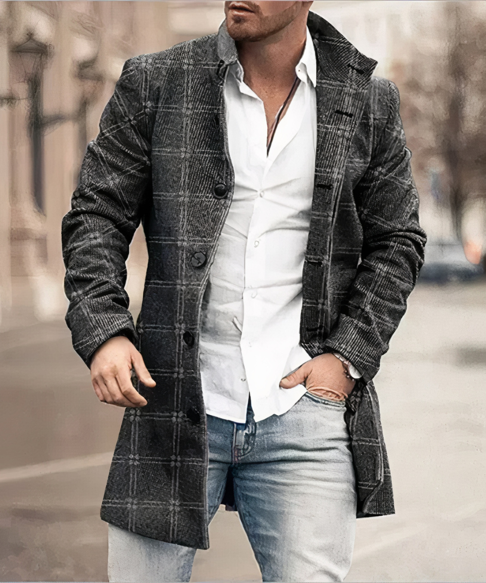 Men's Mid-Length Textured Coat with Raised Collar and Side Pockets - Dark Gray