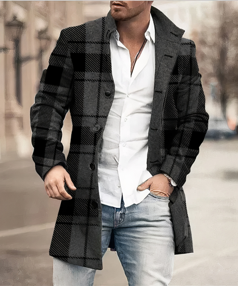 Men's Mid-Length Textured Coat with Raised Collar and Side Pockets - Black