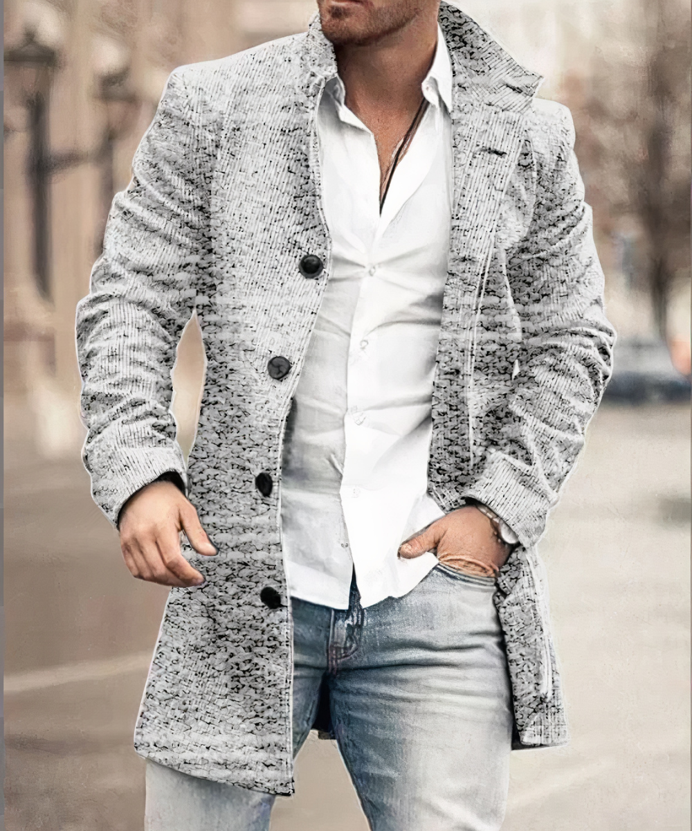 Men's Mid-Length Textured Coat with Raised Collar and Side Pockets - Light Gray