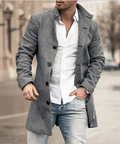 Men's Mid-Length Textured Coat with Raised Collar and Side Pockets - Gray