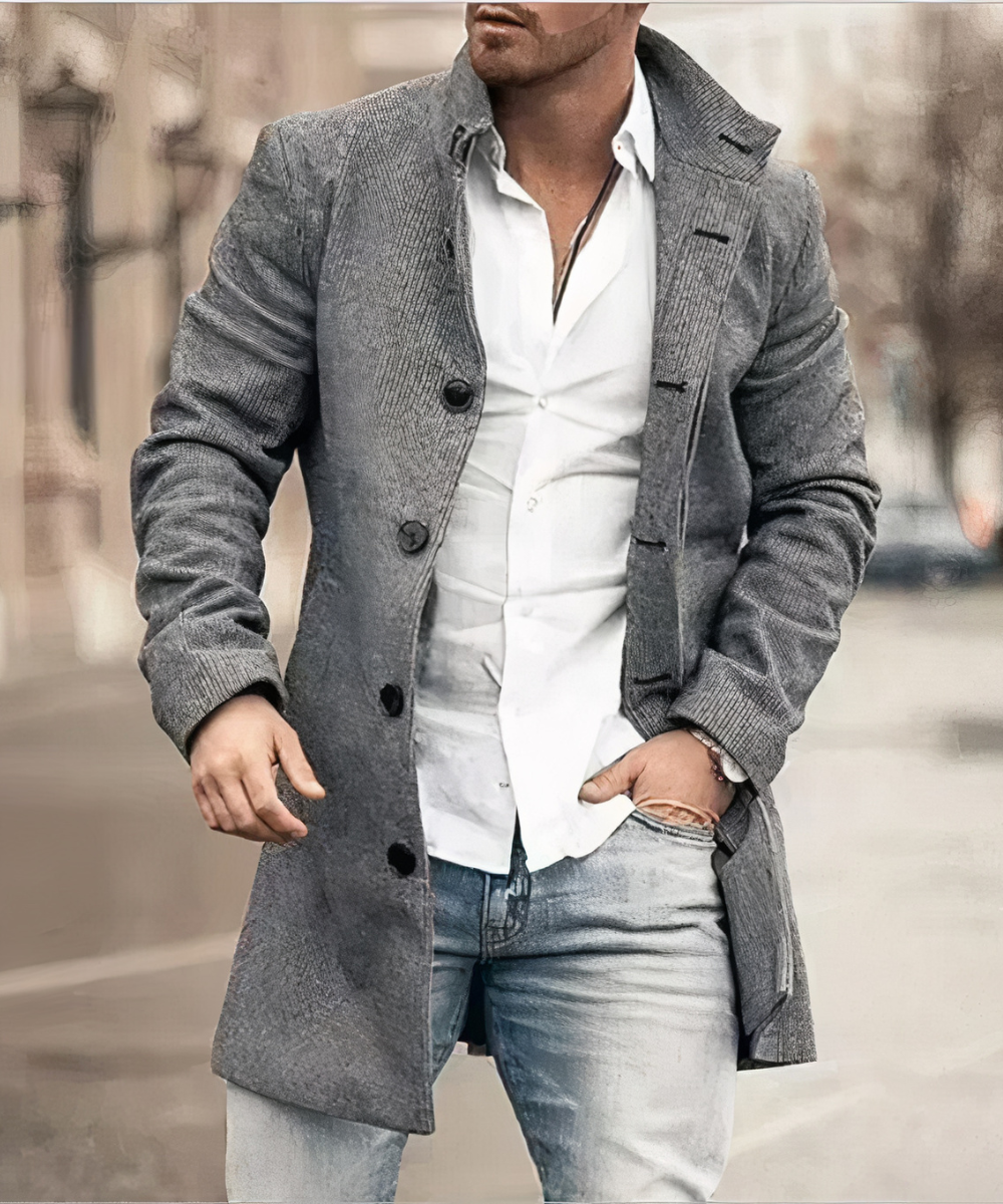 Men's Mid-Length Textured Coat with Raised Collar and Side Pockets - Gray